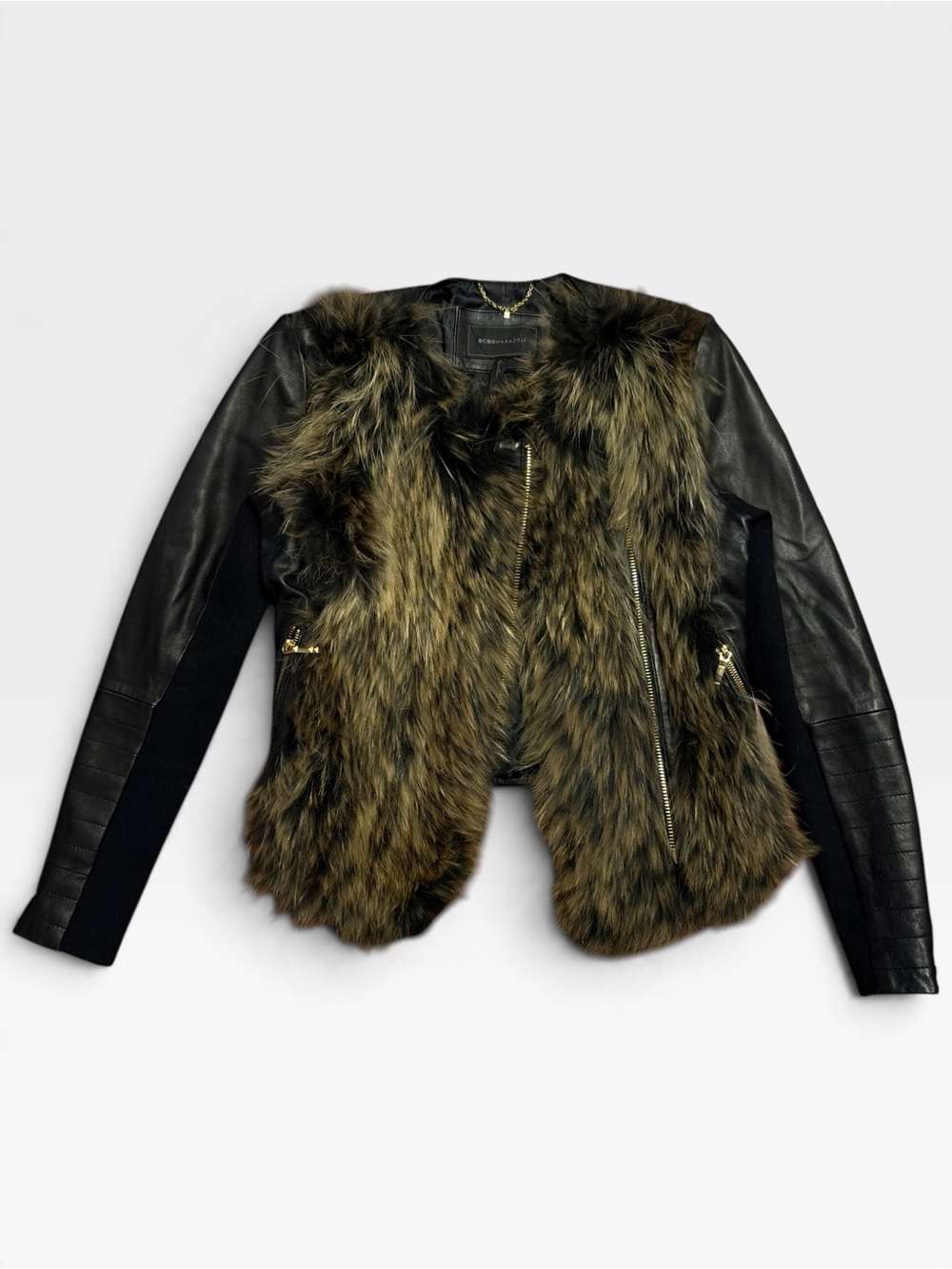 Bcbgmaxazria Black Leather Jacket with Fur Front size Medium